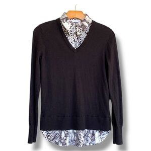 Equipment Black Wool/Cashmere Twofer Sweater With Silk Snake Print Trim Size XS